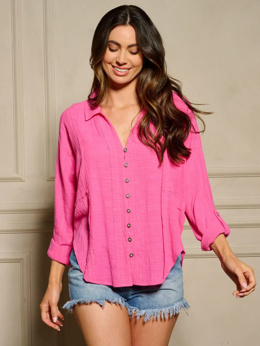 WOMEN'S LONG SLEEVE BUTTON UP V-NECK BLOUSE TOP