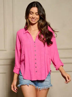 WOMEN'S LONG SLEEVE BUTTON UP V-NECK BLOUSE TOP