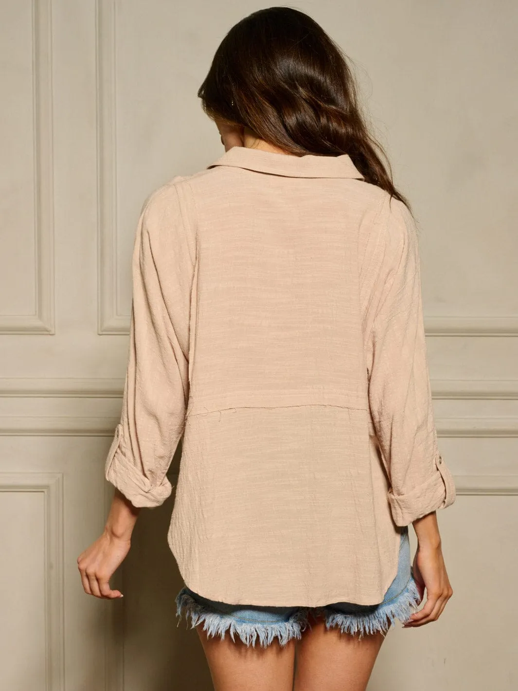 WOMEN'S LONG SLEEVE BUTTON UP V-NECK BLOUSE TOP