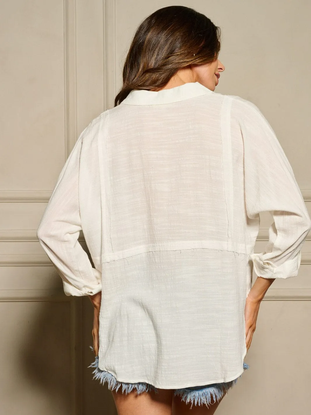 WOMEN'S LONG SLEEVE BUTTON UP V-NECK BLOUSE TOP
