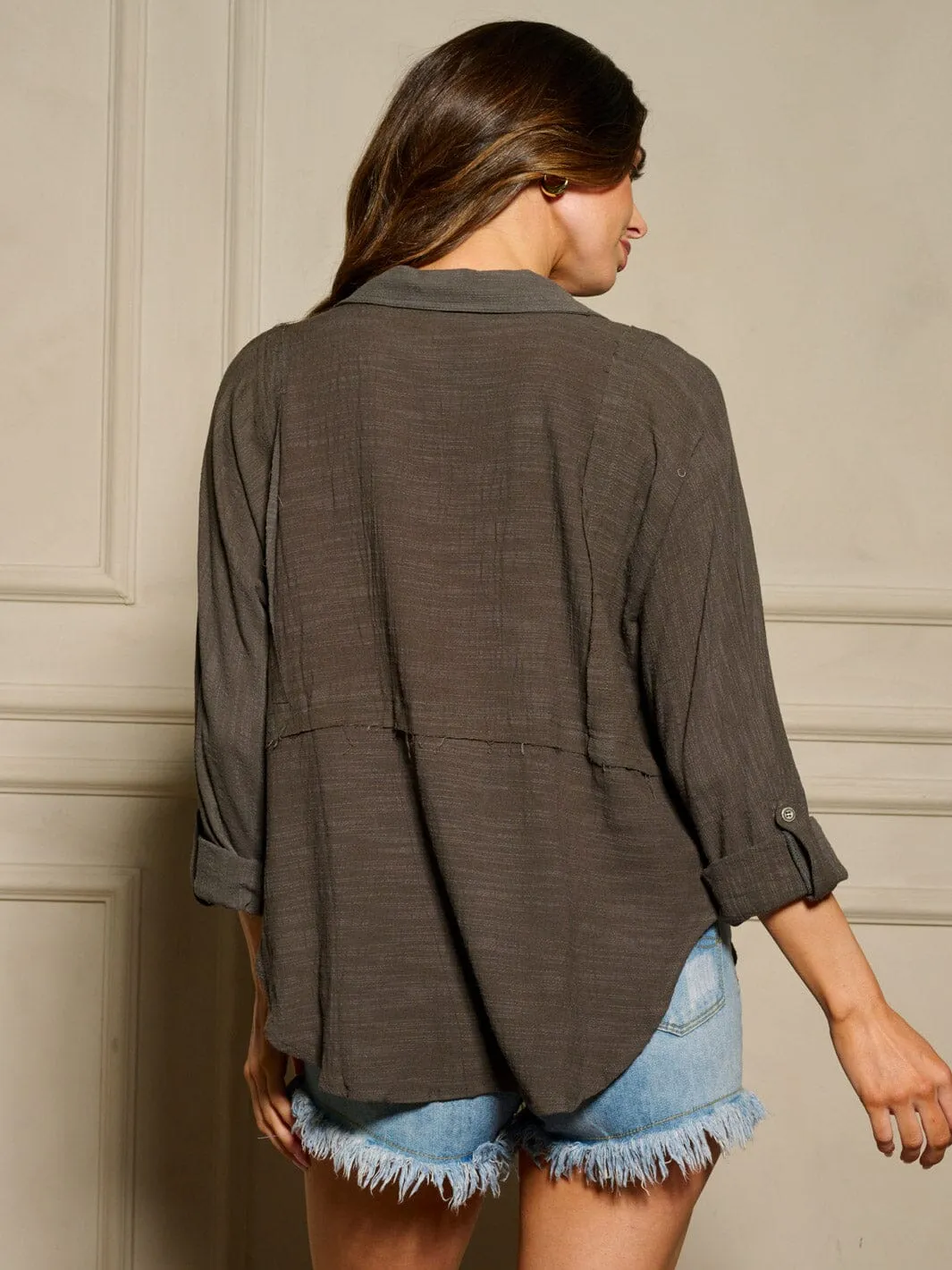 WOMEN'S LONG SLEEVE BUTTON UP V-NECK BLOUSE TOP