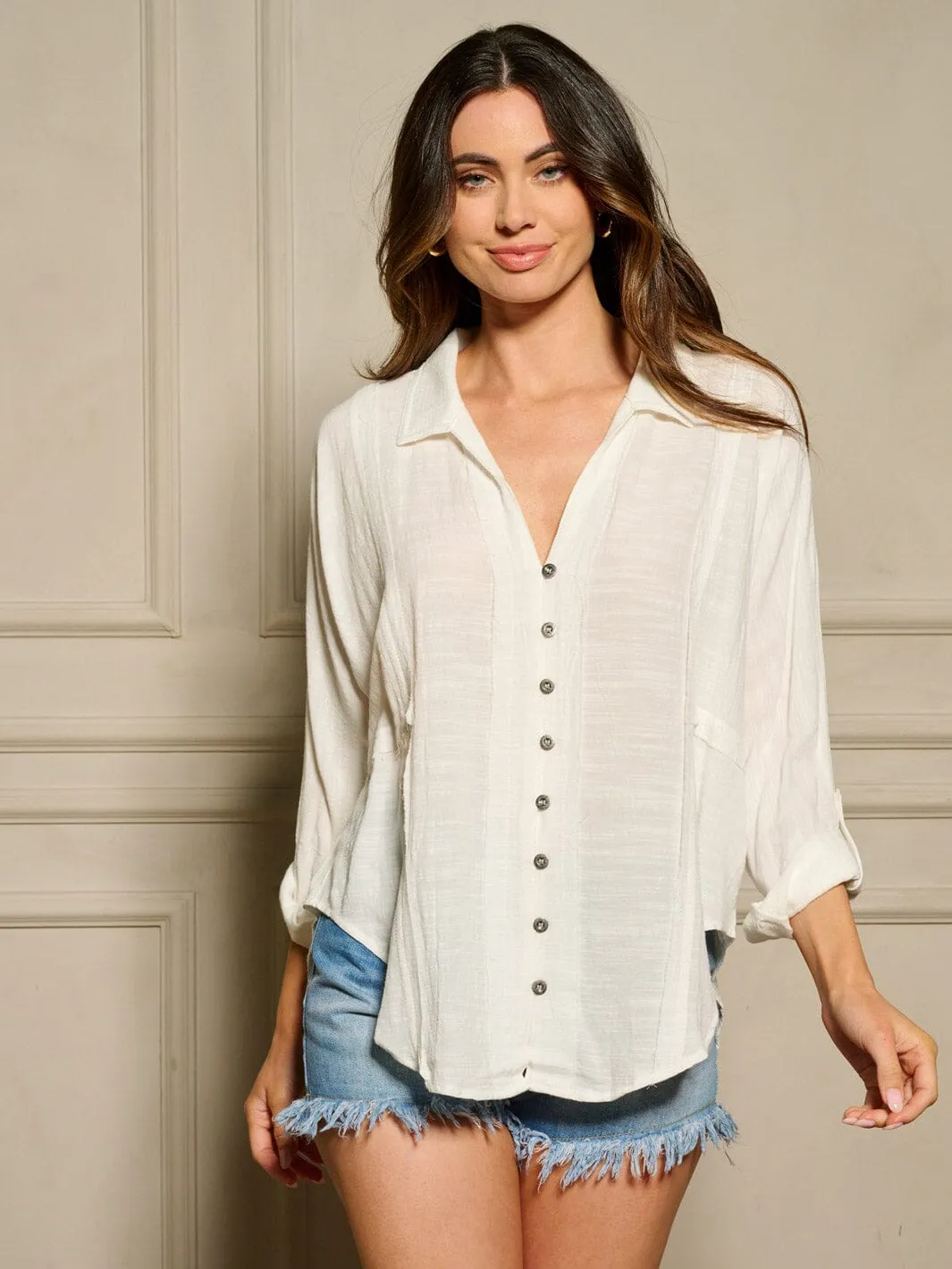 WOMEN'S LONG SLEEVE BUTTON UP V-NECK BLOUSE TOP