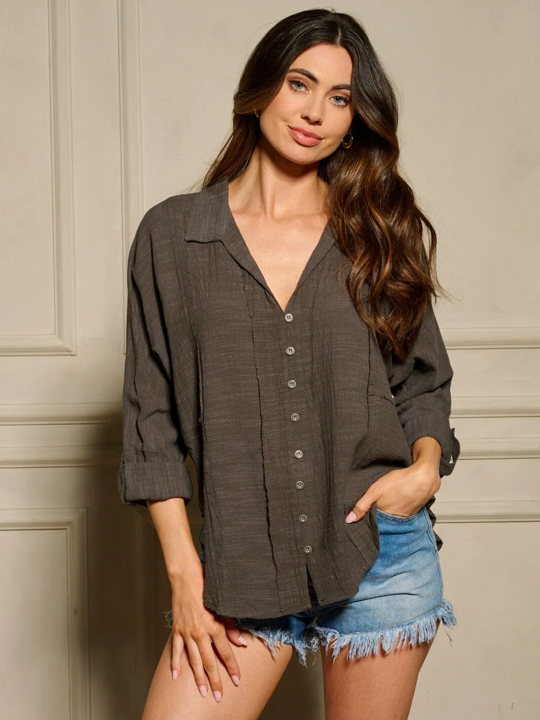 WOMEN'S LONG SLEEVE BUTTON UP V-NECK BLOUSE TOP