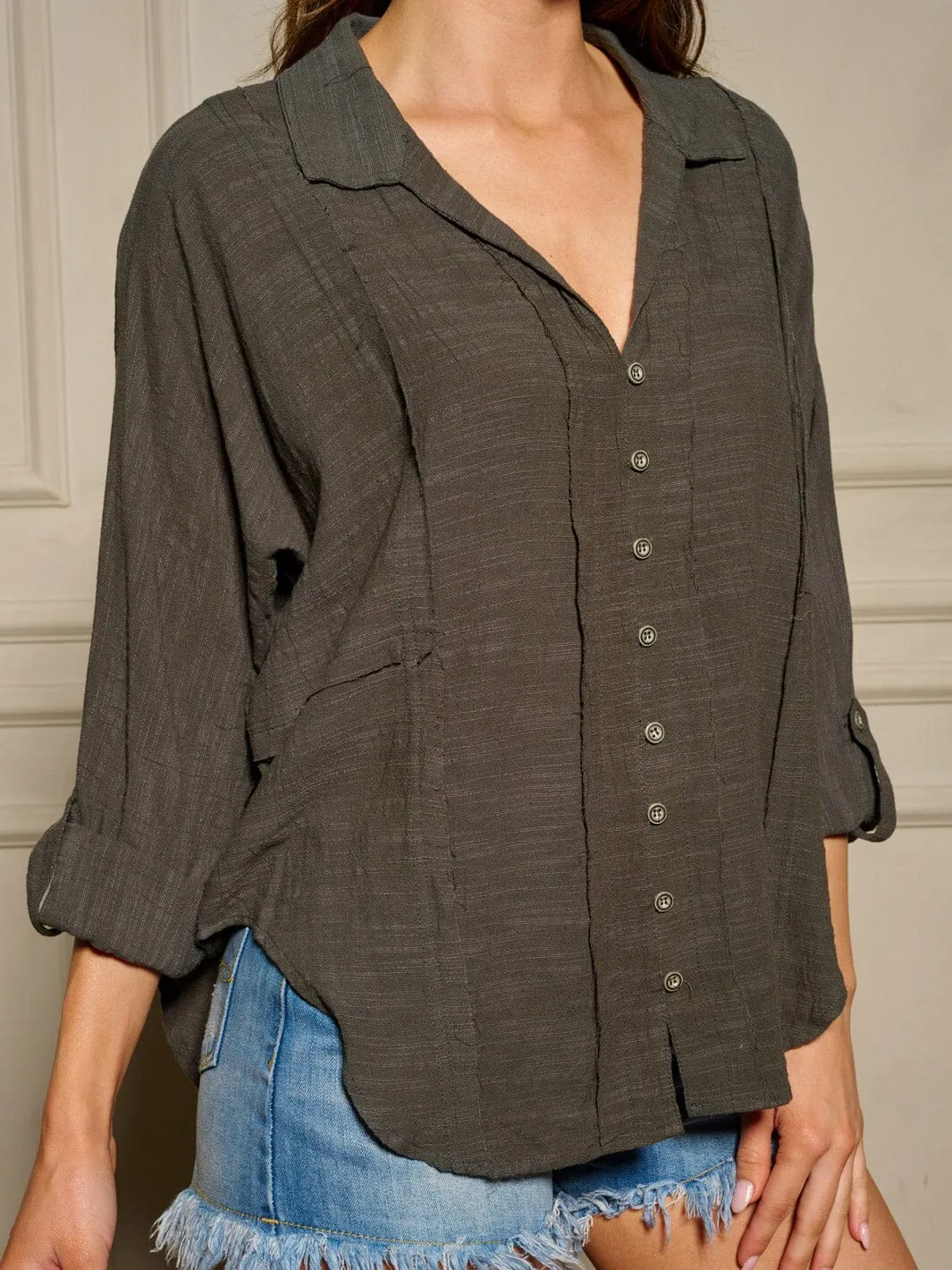 WOMEN'S LONG SLEEVE BUTTON UP V-NECK BLOUSE TOP