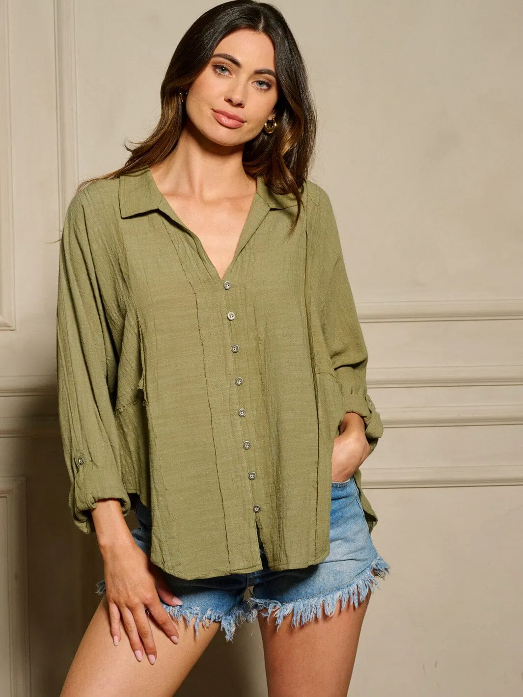 WOMEN'S LONG SLEEVE BUTTON UP V-NECK BLOUSE TOP