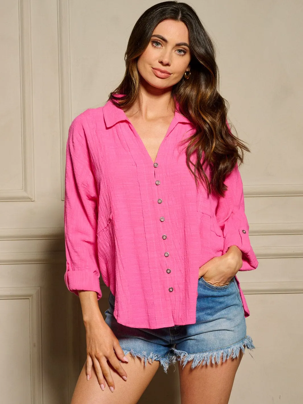 WOMEN'S LONG SLEEVE BUTTON UP V-NECK BLOUSE TOP