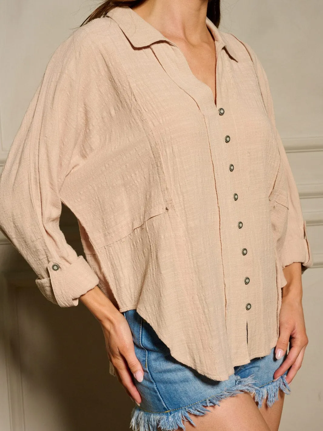 WOMEN'S LONG SLEEVE BUTTON UP V-NECK BLOUSE TOP