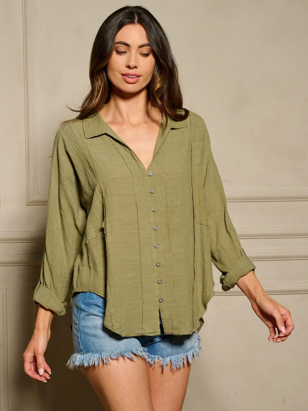 WOMEN'S LONG SLEEVE BUTTON UP V-NECK BLOUSE TOP