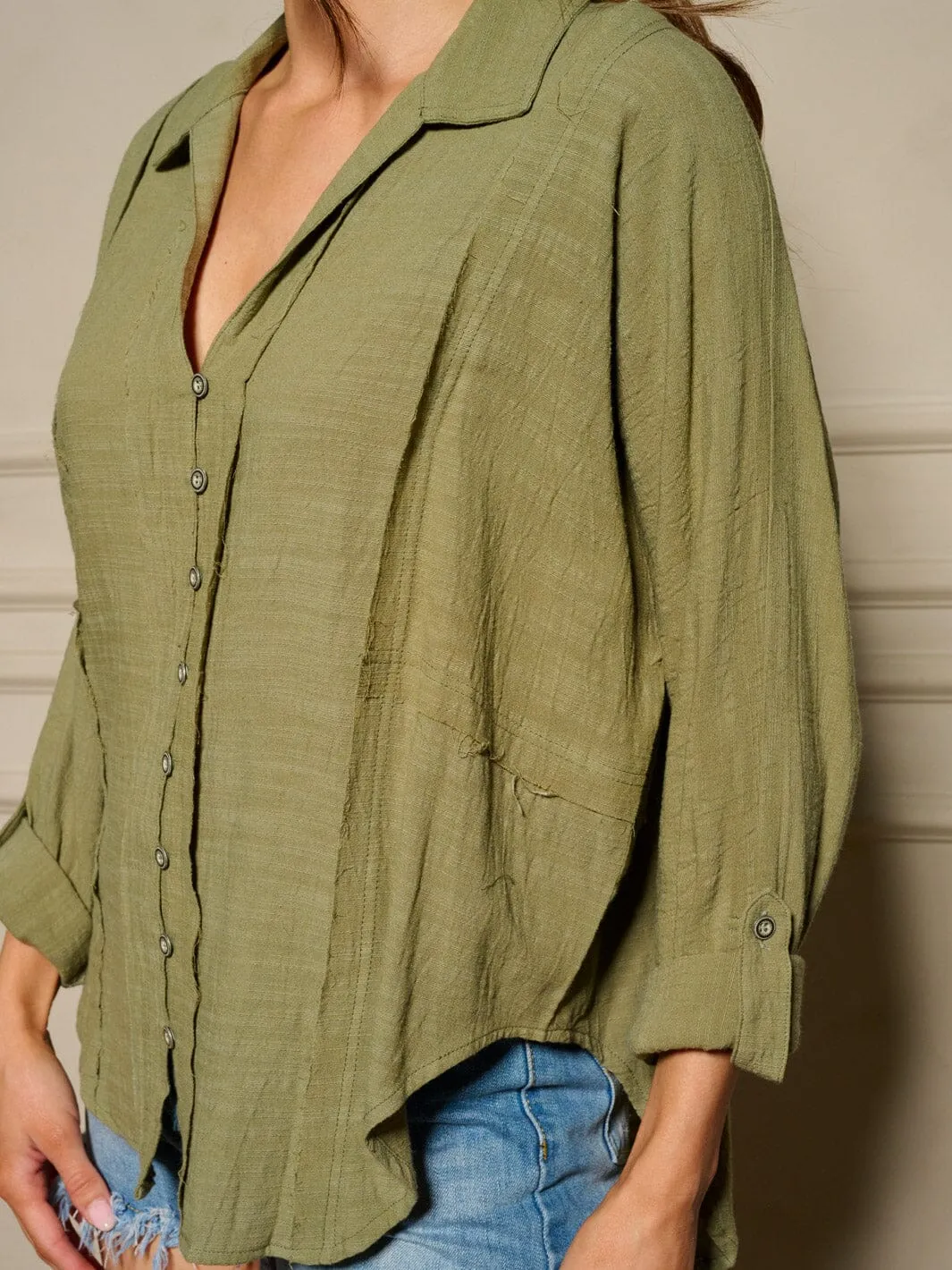 WOMEN'S LONG SLEEVE BUTTON UP V-NECK BLOUSE TOP