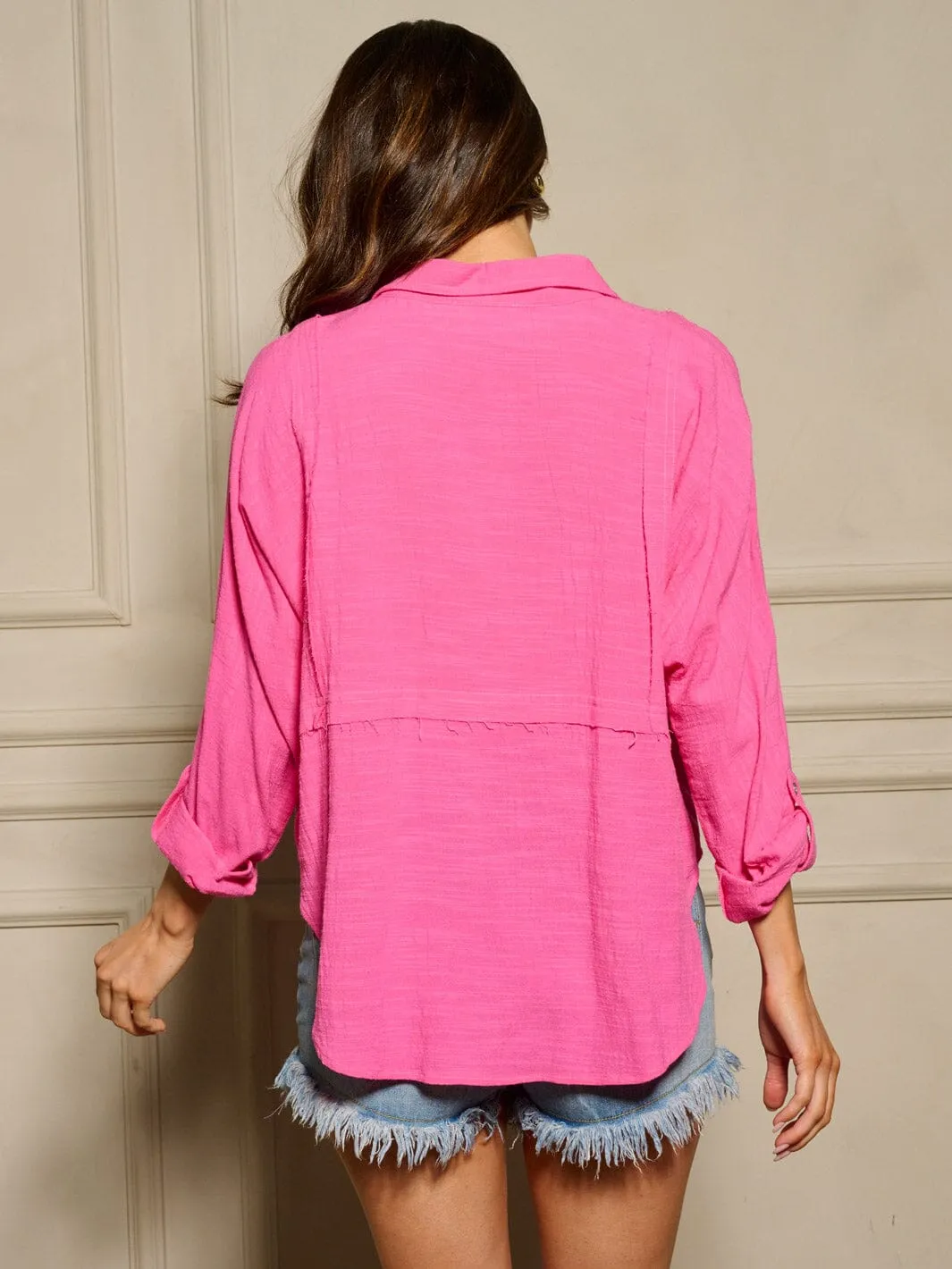 WOMEN'S LONG SLEEVE BUTTON UP V-NECK BLOUSE TOP