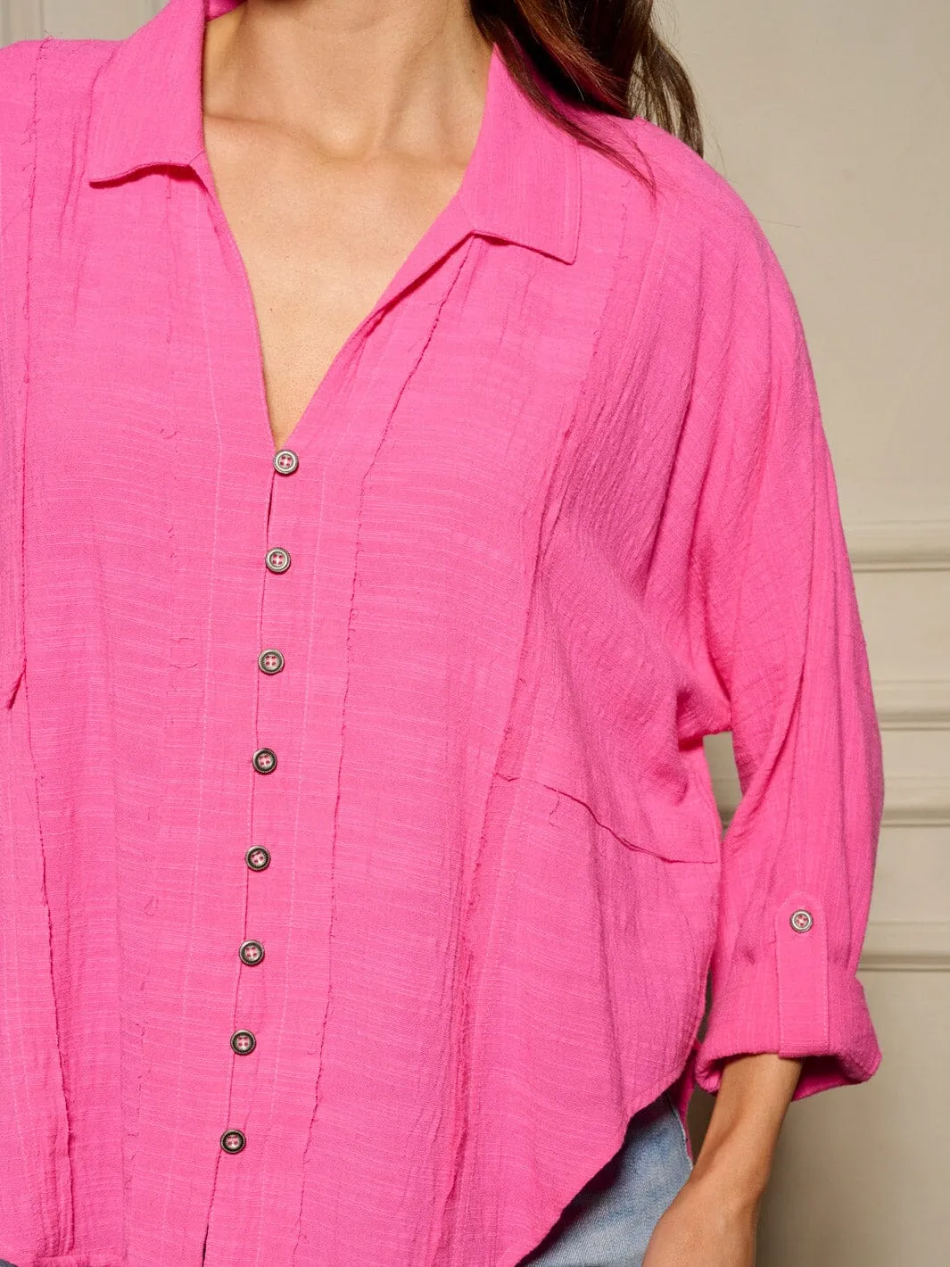 WOMEN'S LONG SLEEVE BUTTON UP V-NECK BLOUSE TOP