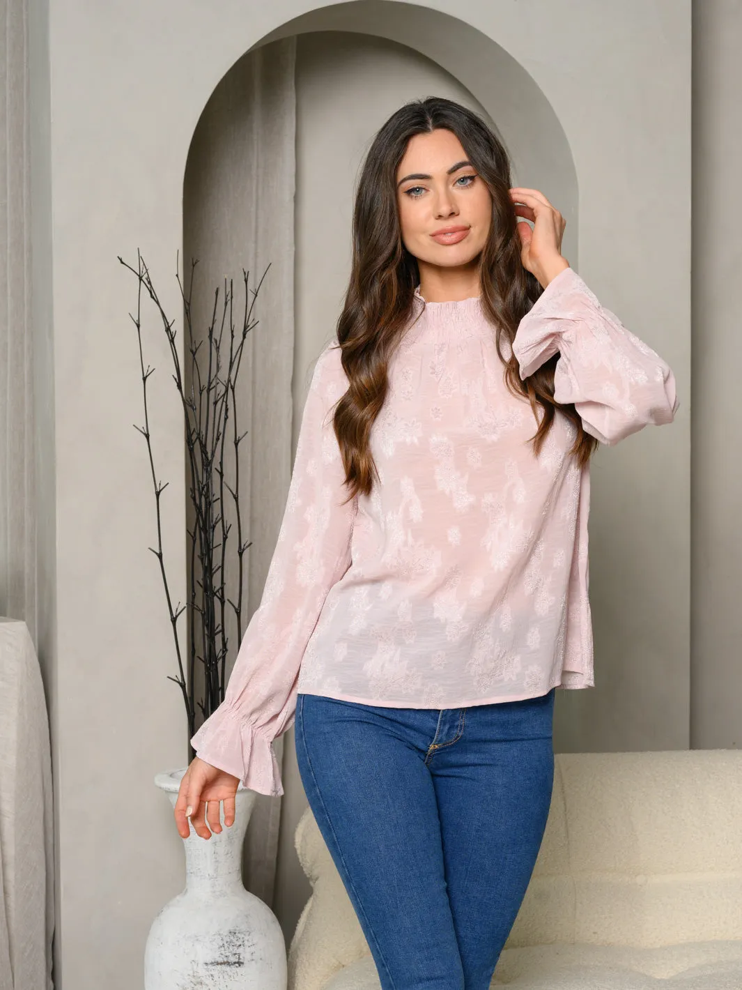 WOMEN'S LONG SLEEVE COWL NECK FLORAL BLOUSE TOP