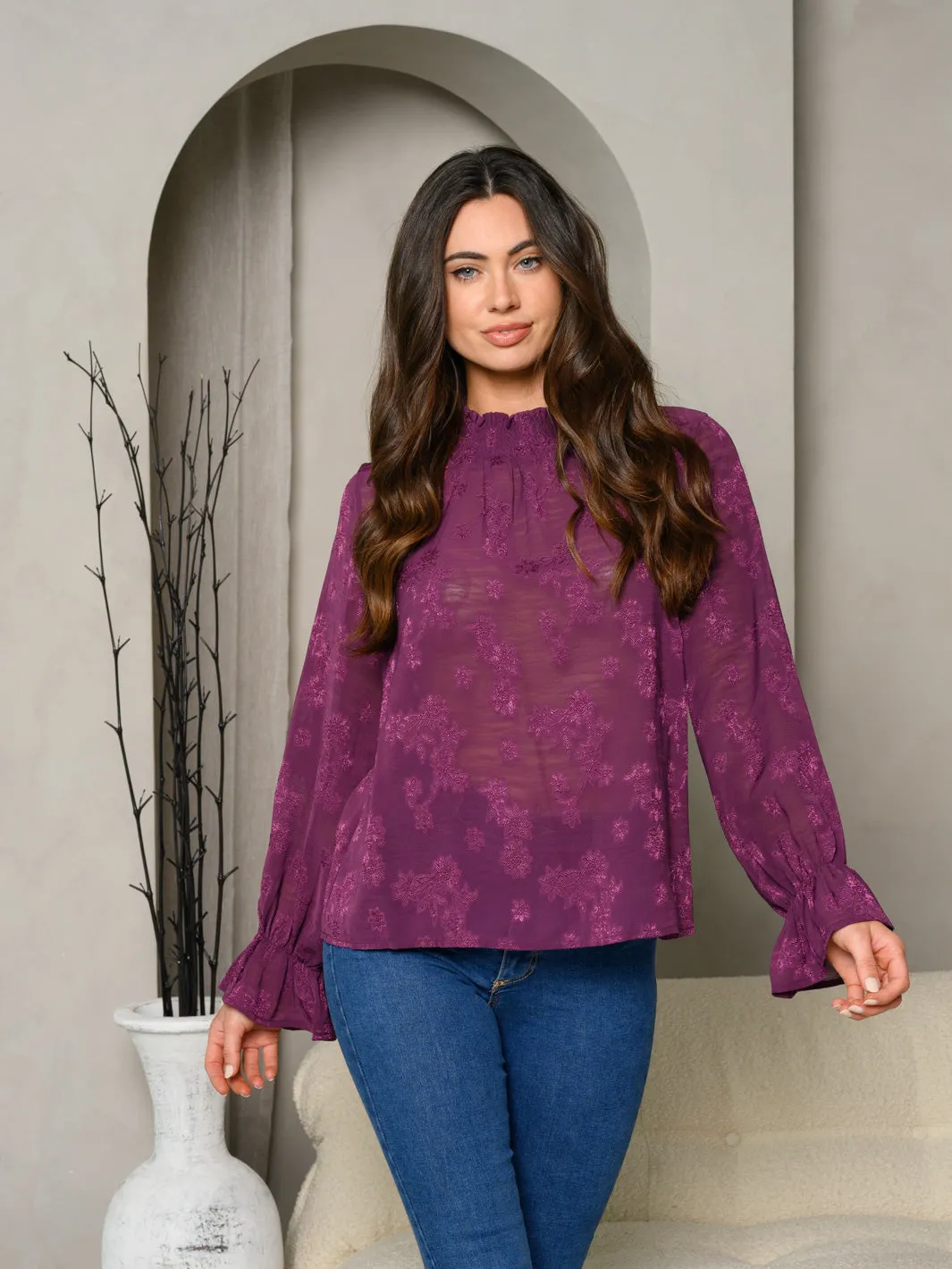 WOMEN'S LONG SLEEVE COWL NECK FLORAL BLOUSE TOP