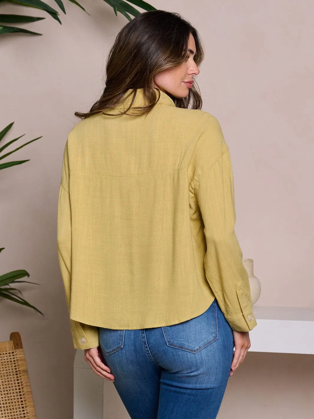 WOMEN'S LONG SLEEVE FRONT POCKETS BUTTON UP BLOUSE TOP