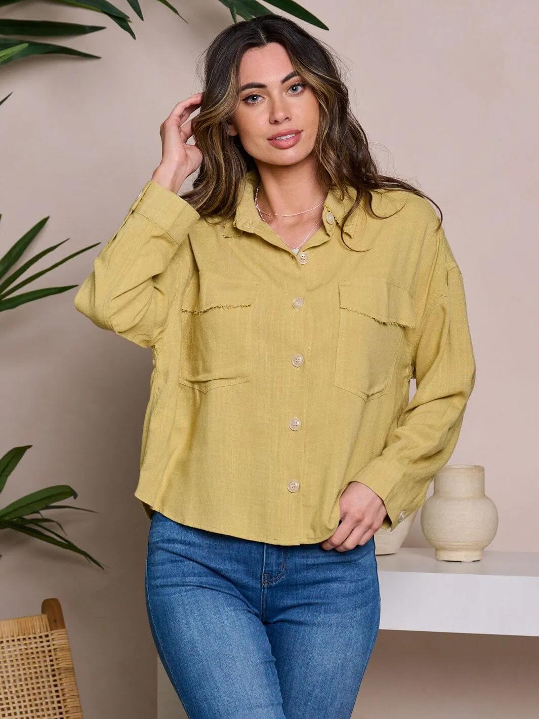 WOMEN'S LONG SLEEVE FRONT POCKETS BUTTON UP BLOUSE TOP