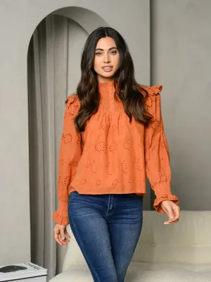 WOMEN'S LONG SLEEVE MOCK NECK RUFFLE EYELET PRINT SMOCK TOP