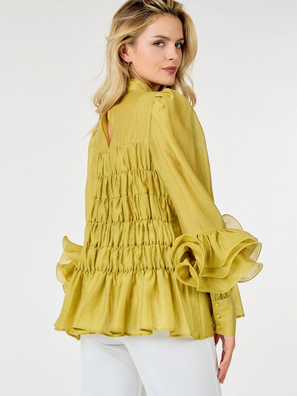 WOMEN'S LONG SLEEVE MOCK NECK TIERED RUFFLE DETAILED BLOUSE
