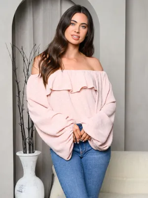 WOMEN'S LONG SLEEVE OFF SHOULDER RUFFLE TOP