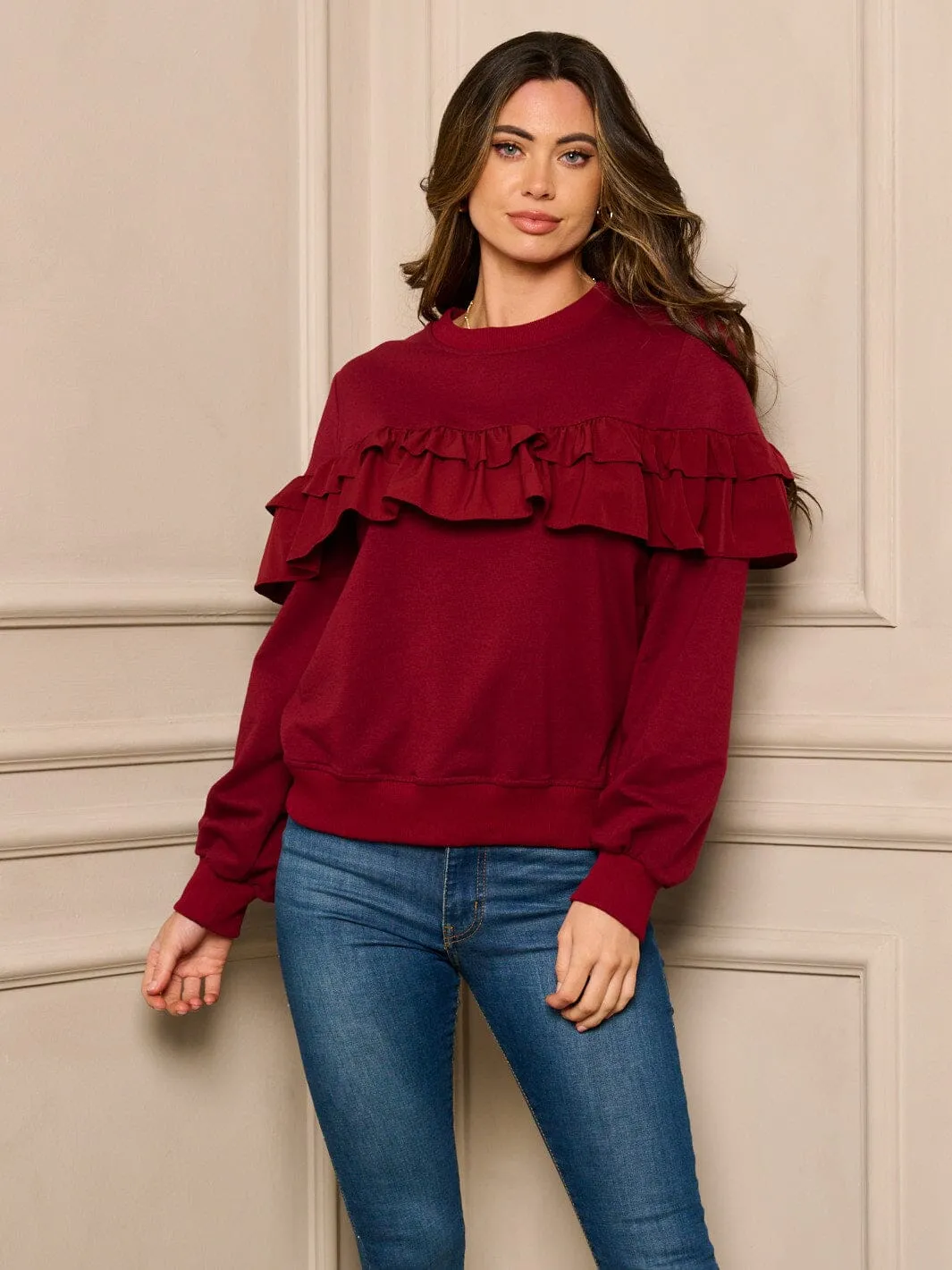 WOMEN'S LONG SLEEVE RUFFLE DETAILED TOP