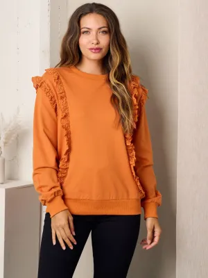 WOMEN'S LONG SLEEVE RUFFLE EYELET DETAILED BLOUSE TOP