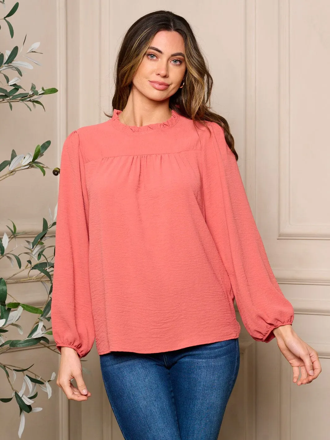 WOMENS LONG SLEEVE RUFFLE NECK DETAILED BLOUSE TOP