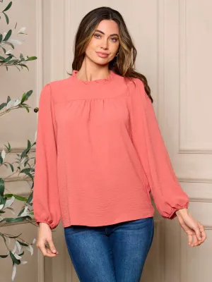 WOMENS LONG SLEEVE RUFFLE NECK DETAILED BLOUSE TOP