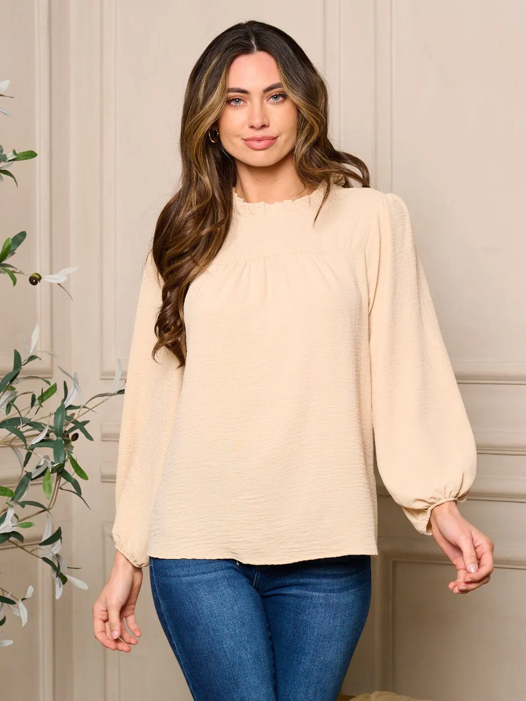 WOMENS LONG SLEEVE RUFFLE NECK DETAILED BLOUSE TOP