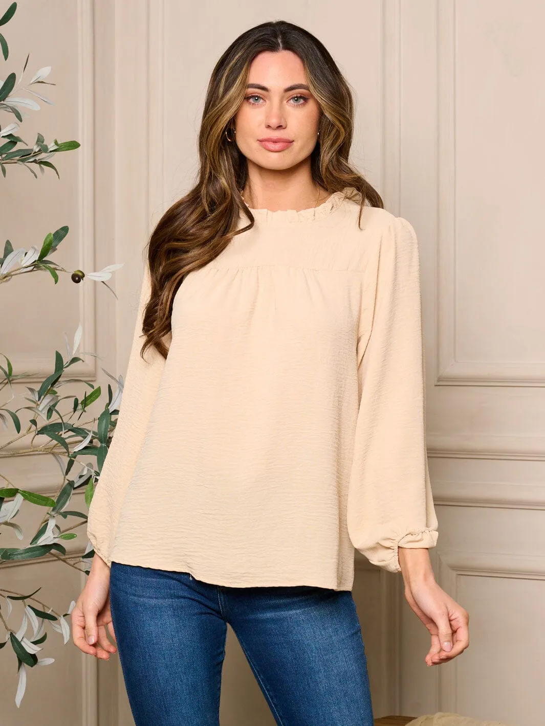 WOMENS LONG SLEEVE RUFFLE NECK DETAILED BLOUSE TOP