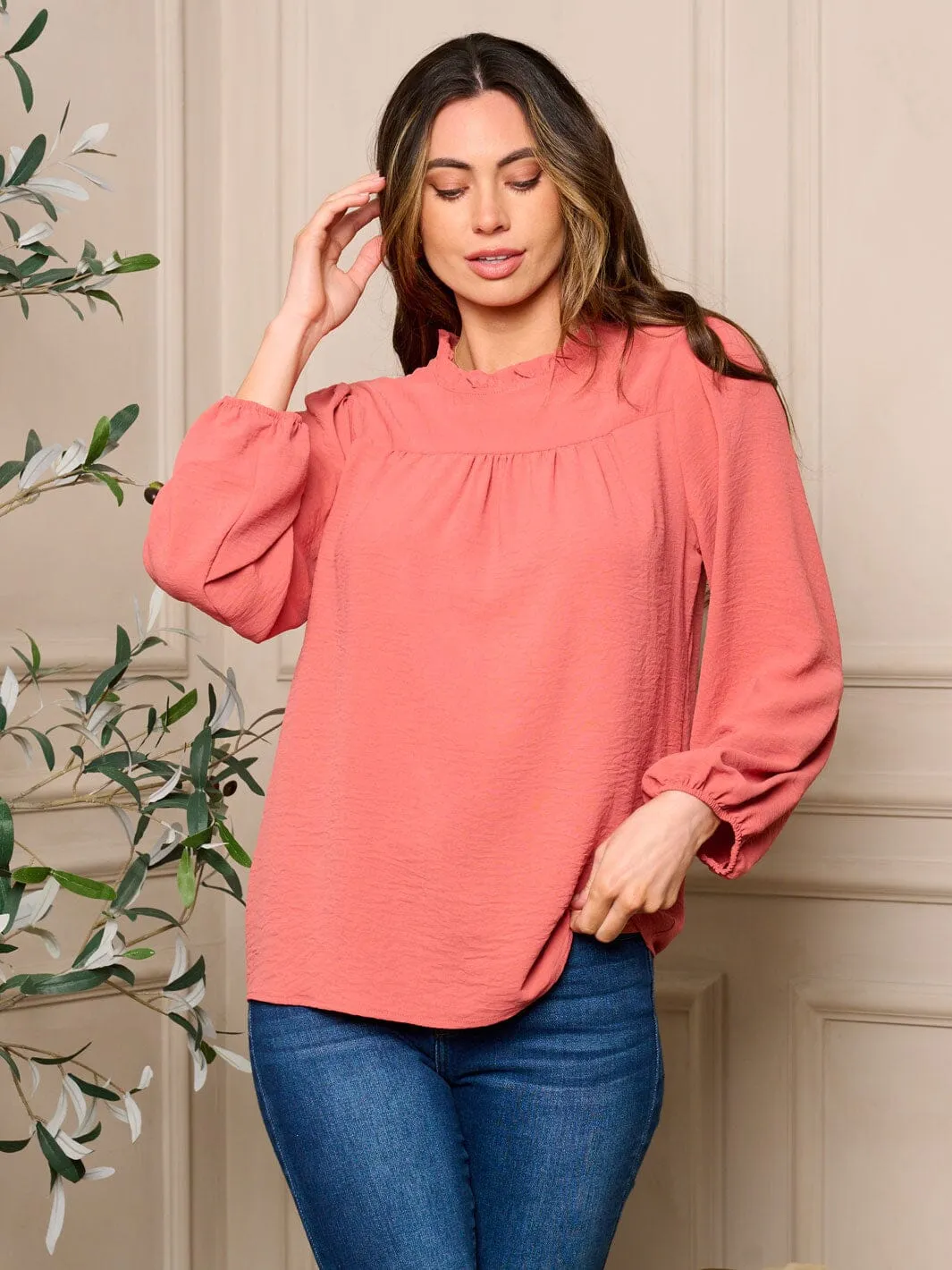 WOMENS LONG SLEEVE RUFFLE NECK DETAILED BLOUSE TOP