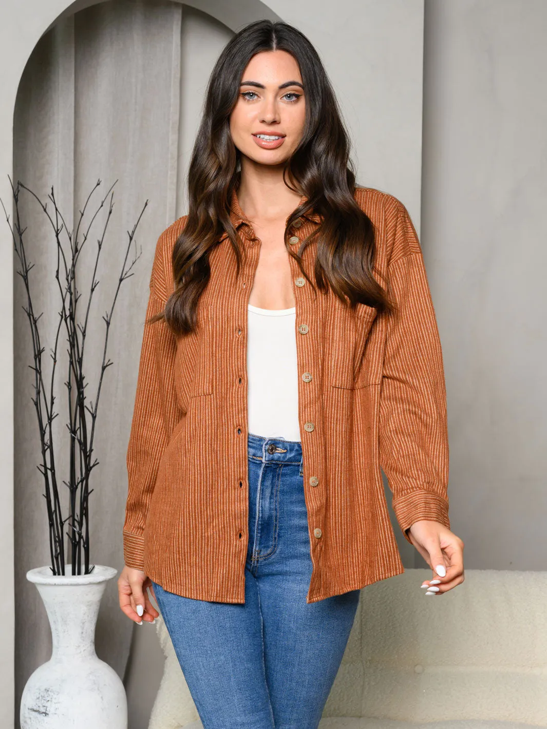WOMEN'S LONG SLEEVE STRIPES CORDUROY SHIRT TOP