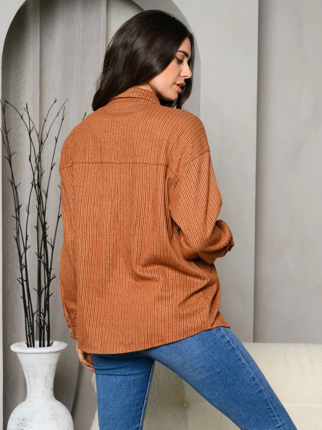 WOMEN'S LONG SLEEVE STRIPES CORDUROY SHIRT TOP