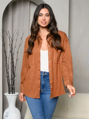 WOMEN'S LONG SLEEVE STRIPES CORDUROY SHIRT TOP