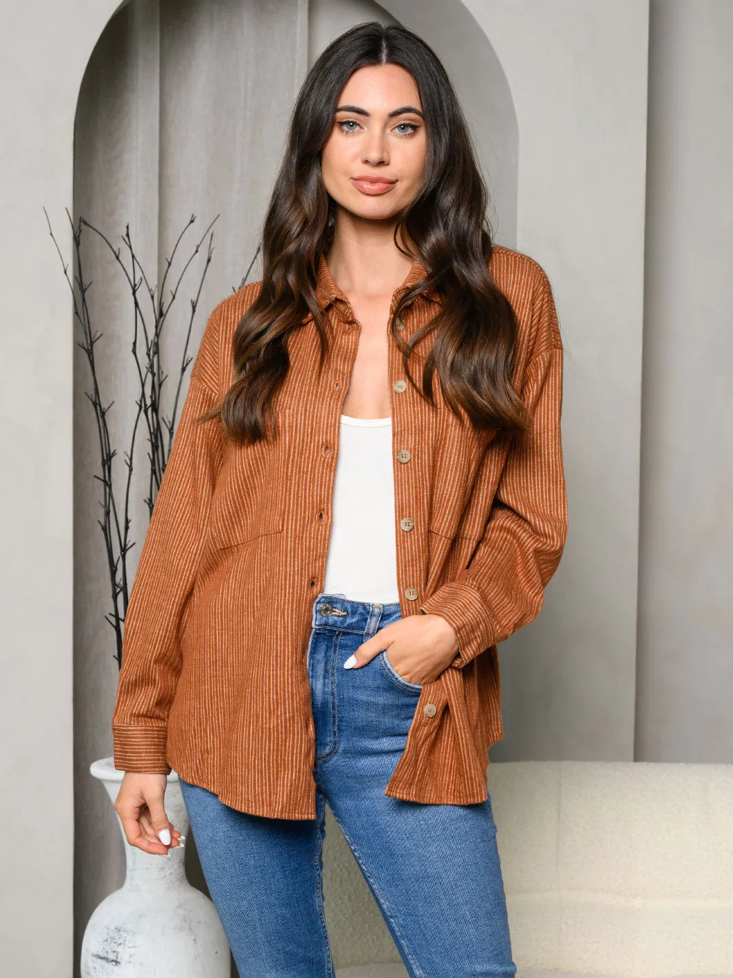 WOMEN'S LONG SLEEVE STRIPES CORDUROY SHIRT TOP