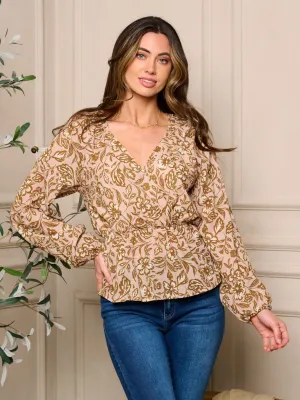WOMENS LONG SLEEVE SURPLICE FLORAL BLOUSE TOP