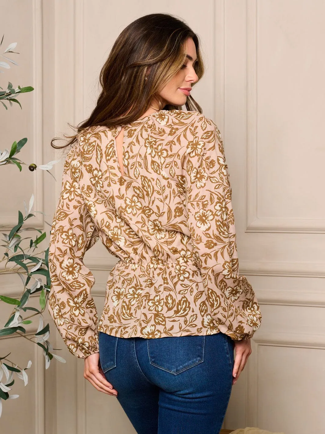 WOMENS LONG SLEEVE SURPLICE FLORAL BLOUSE TOP
