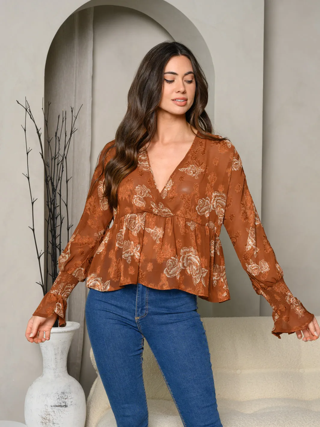WOMEN'S LONG SLEEVE SURPLICE FLORAL BLOUSE TOP