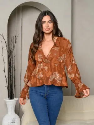 WOMEN'S LONG SLEEVE SURPLICE FLORAL BLOUSE TOP