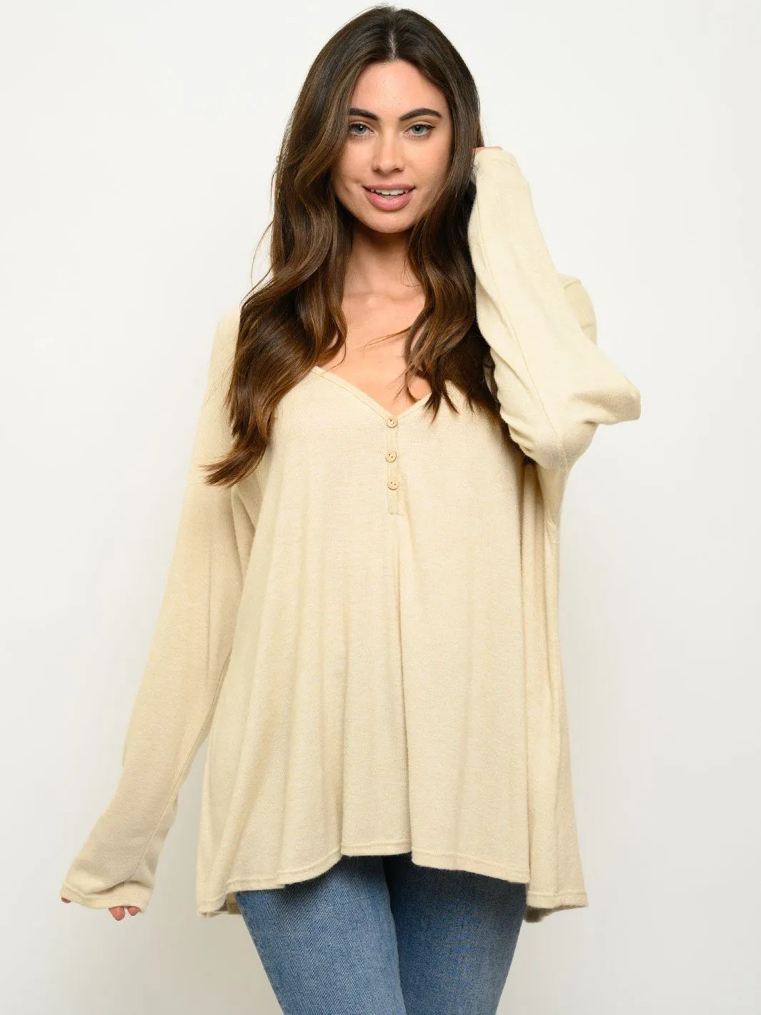 WOMEN'S LONG SLEEVE V-NECK BUTTON UP TOP