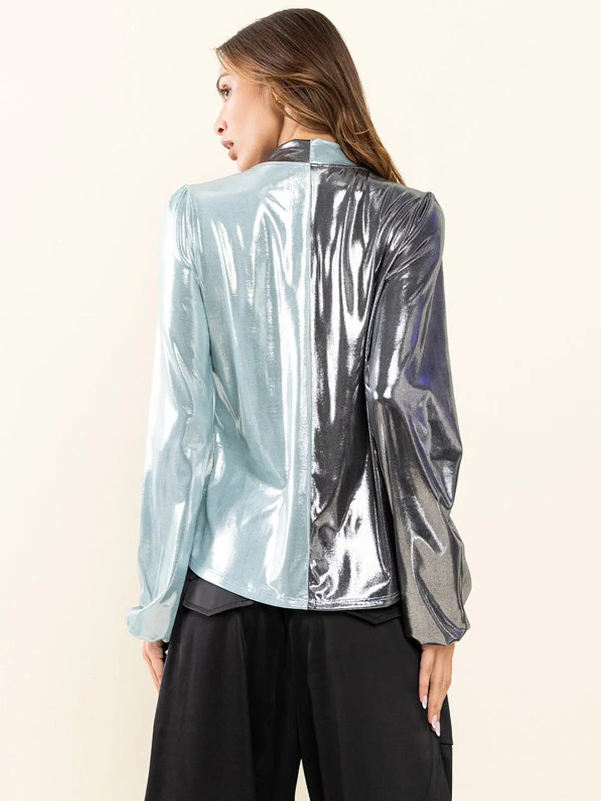 WOMEN'S LONG SLEEVE V-NECK METALLIC COLORBLOCK BLOUSE TOP