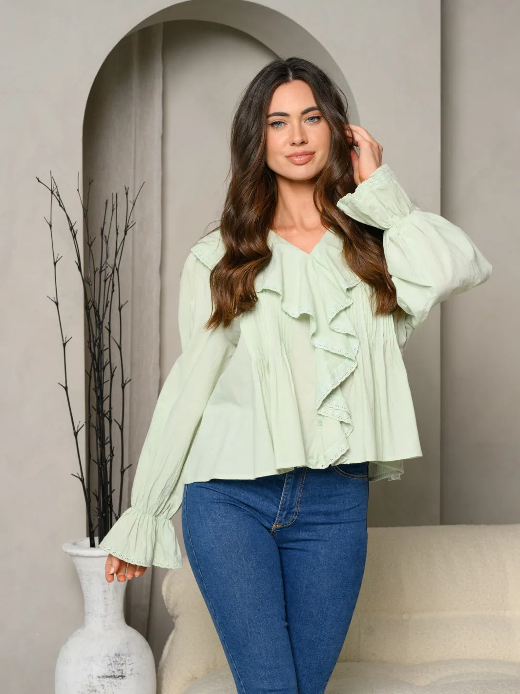 WOMEN'S LONG SLEEVE V-NECK RUFFLE BLOUSE TOP