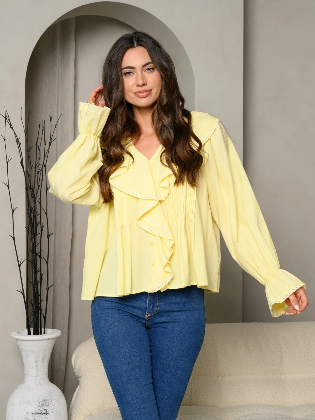 WOMEN'S LONG SLEEVE V-NECK RUFFLE BLOUSE TOP