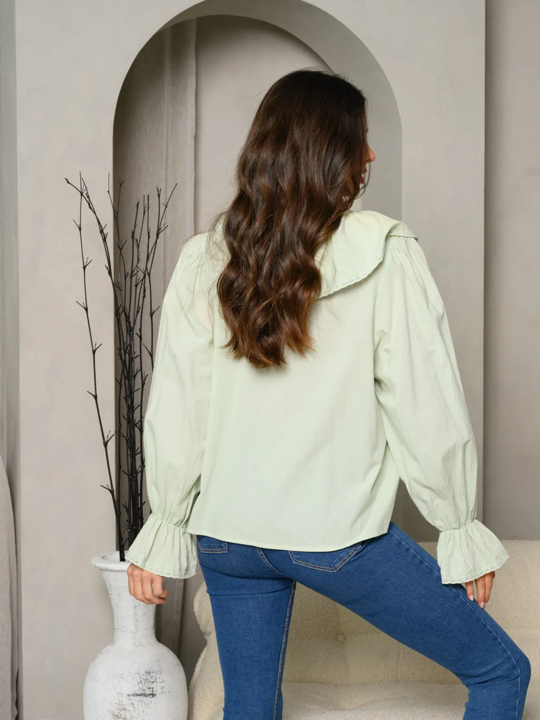 WOMEN'S LONG SLEEVE V-NECK RUFFLE BLOUSE TOP