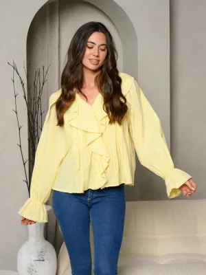 WOMEN'S LONG SLEEVE V-NECK RUFFLE BLOUSE TOP