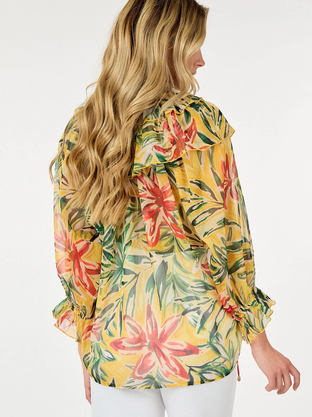 WOMEN'S LONG SLEEVE V-NECK RUFFLE BUTTON UP FLOWER PRINT BLOUSE