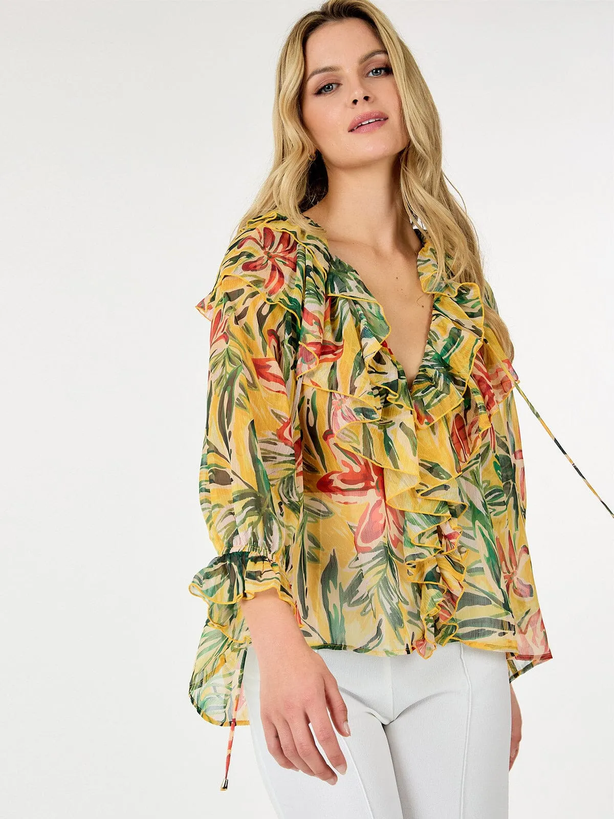 WOMEN'S LONG SLEEVE V-NECK RUFFLE BUTTON UP FLOWER PRINT BLOUSE