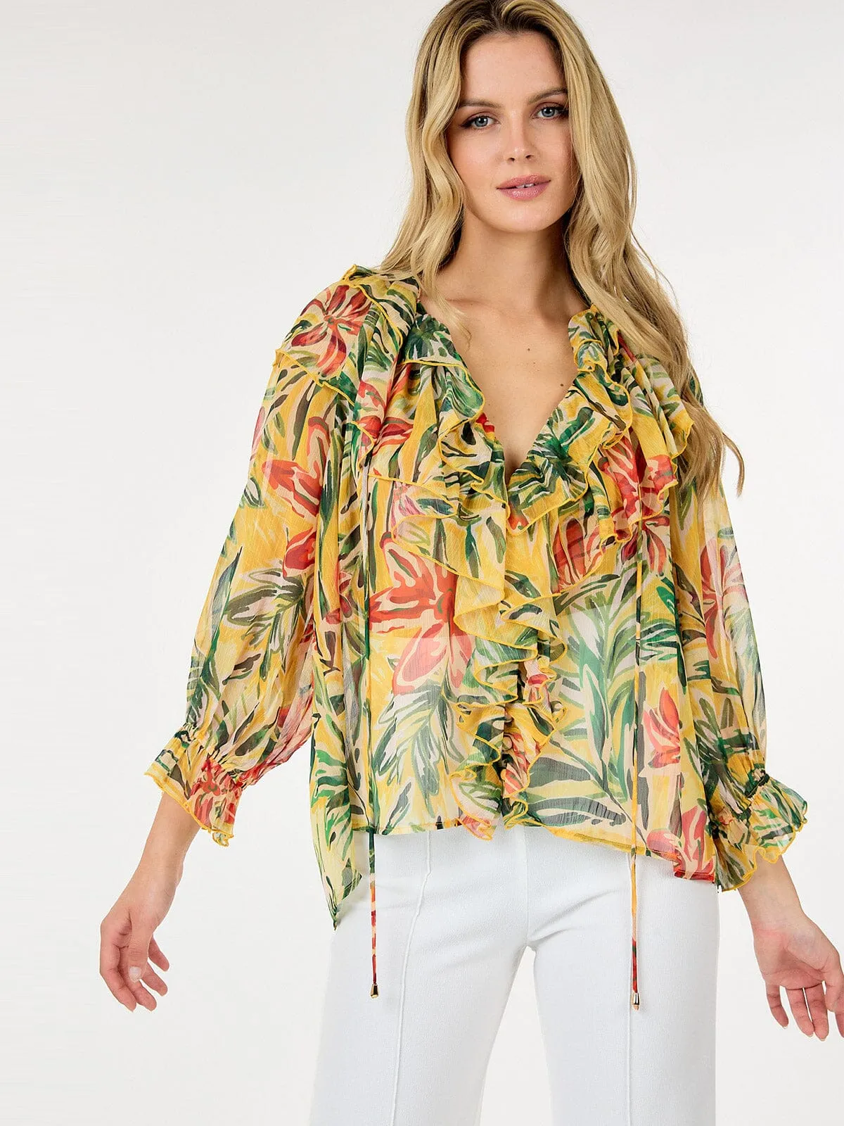 WOMEN'S LONG SLEEVE V-NECK RUFFLE BUTTON UP FLOWER PRINT BLOUSE