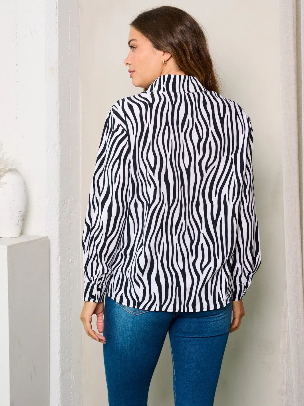 WOMEN'S LONG SLEEVES BUTTON UP ZEBRA PRINT BLOUSE TOP