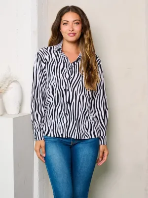 WOMEN'S LONG SLEEVES BUTTON UP ZEBRA PRINT BLOUSE TOP
