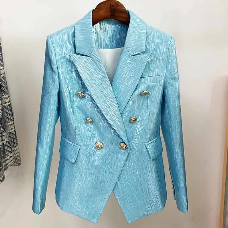 Women's Metal Lion Buttons Blue Fitted Blazer Coat