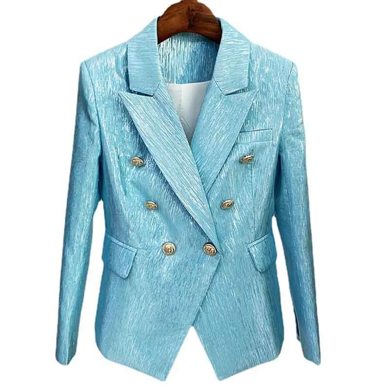 Women's Metal Lion Buttons Blue Fitted Blazer Coat